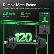 VIVOSUN grow tent with durable metal frame supporting 120 lbs, 0.8mm thickness, 16mm pipe diameter.