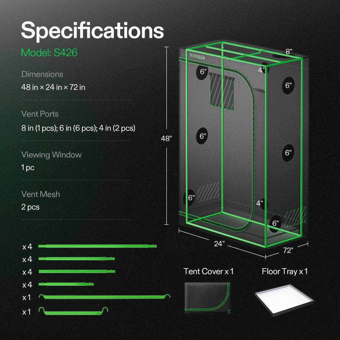 VIVOSUN 3x3x67" grow tent specs: 48"x24"x72" dimensions, multiple vent ports, viewing window, vent mesh. Includes frame, cover, floor tray.