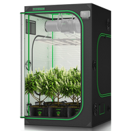 Vivosun 3x3x6.8ft grow tent with plants, LED light, fan, and thermostat.