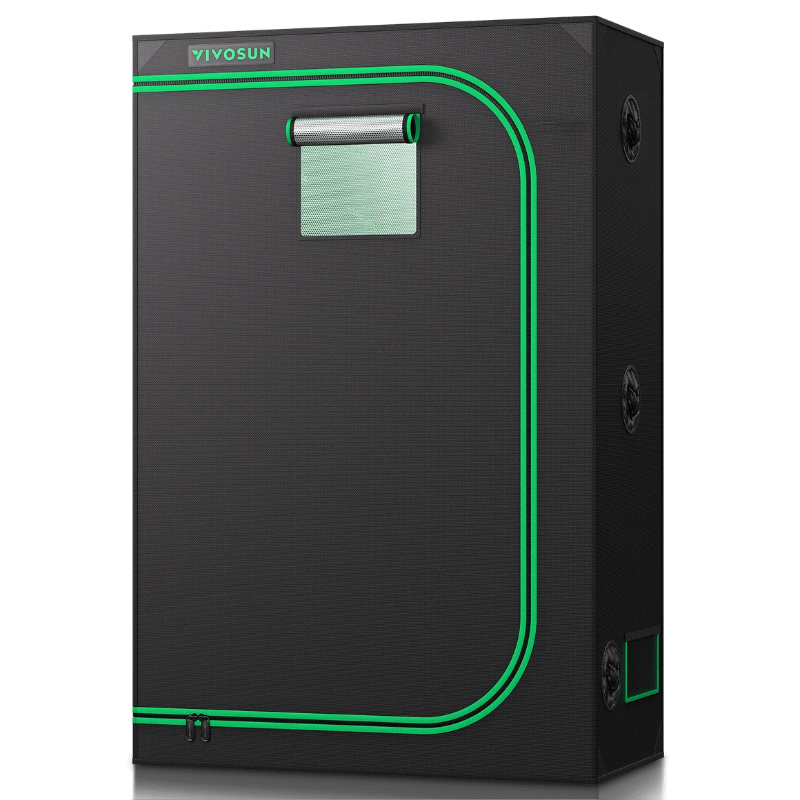 VIVOSUN black grow tent with green trim, featuring a vent window and multiple circular vents.