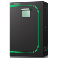 VIVOSUN black grow tent with green trim, featuring a vent window and multiple circular vents.