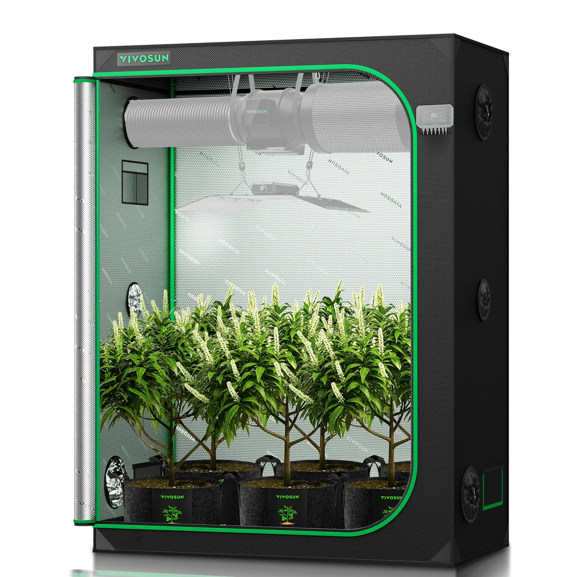 VIVOSUN grow tent with LED light, fan, ducting, and plants inside.
