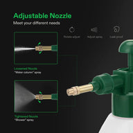 Green and white pump sprayer with adjustable brass nozzle, showing 