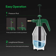 Green garden pump sprayer with pressure rod and lengthened straws for easy operation and efficient liquid suction.