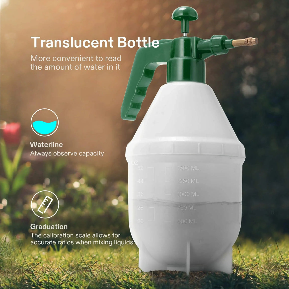 Green and white translucent garden pump sprayer with water level marks.