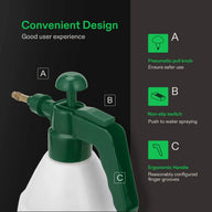 Green and white Vivosun handheld garden pump sprayer with features A, B, C highlighted.