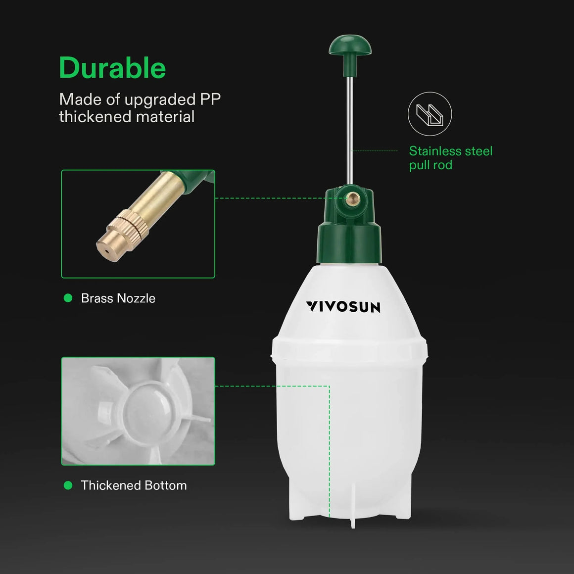 White VIVOSUN garden pump sprayer with brass nozzle, stainless steel pull rod, and thickened bottom.