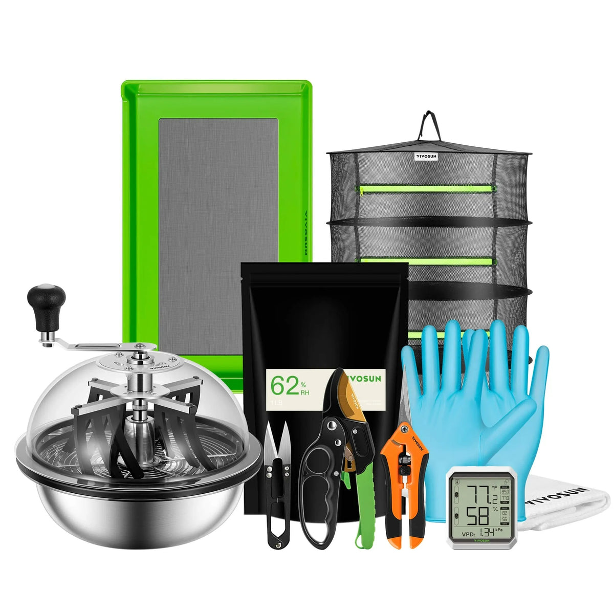 VIVOSUN harvest kit: drying rack, trim scissors, trimmer, gloves, hygrometer, towel, & trim tray.
