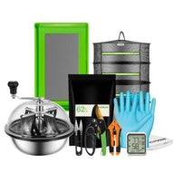 VIVOSUN harvest kit: drying rack, trim scissors, trimmer, gloves, hygrometer, towel, & trim tray.
