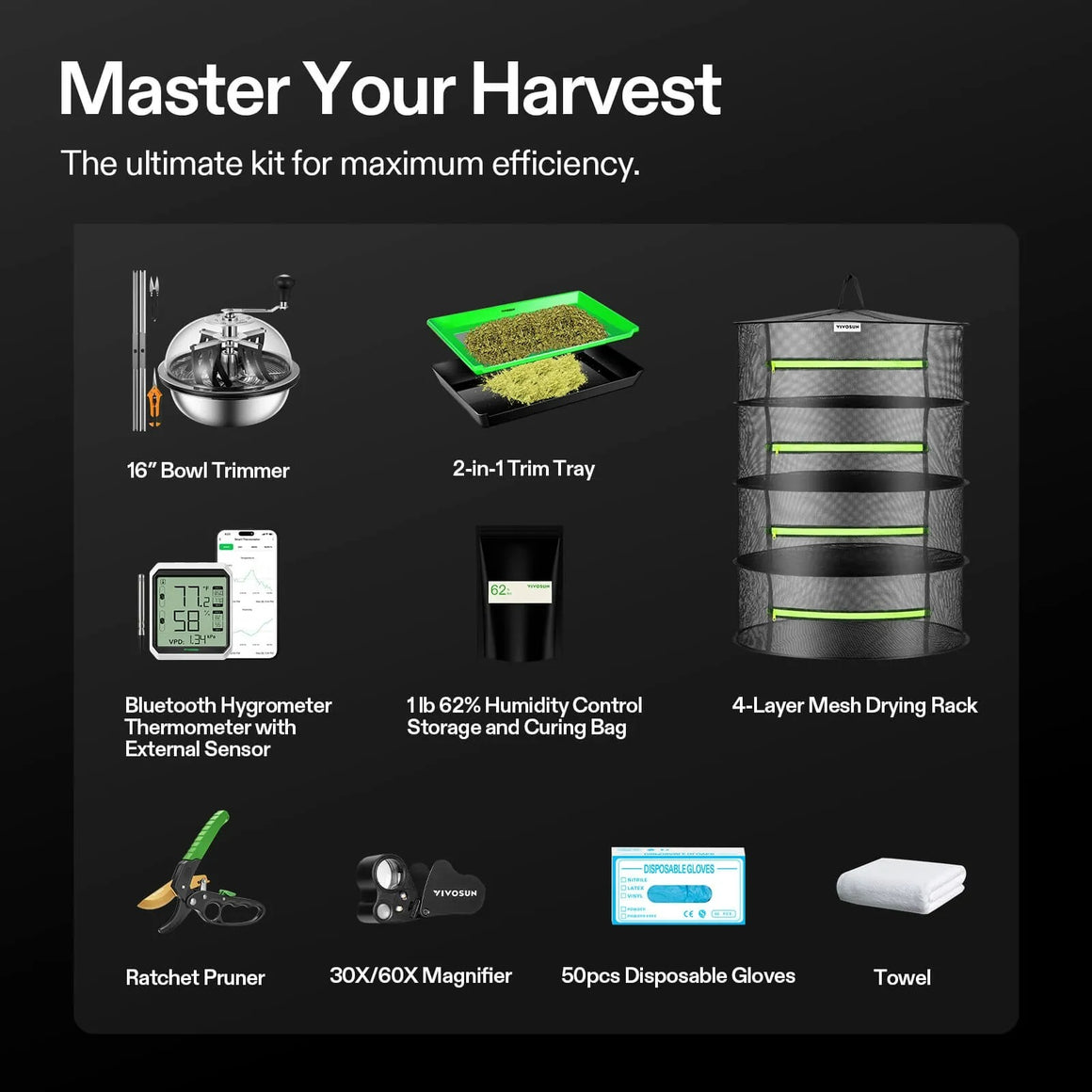 VIVOSUN harvest kit: bowl trimmer, drying rack, hygrometer, pruner, magnifier, gloves & towel.