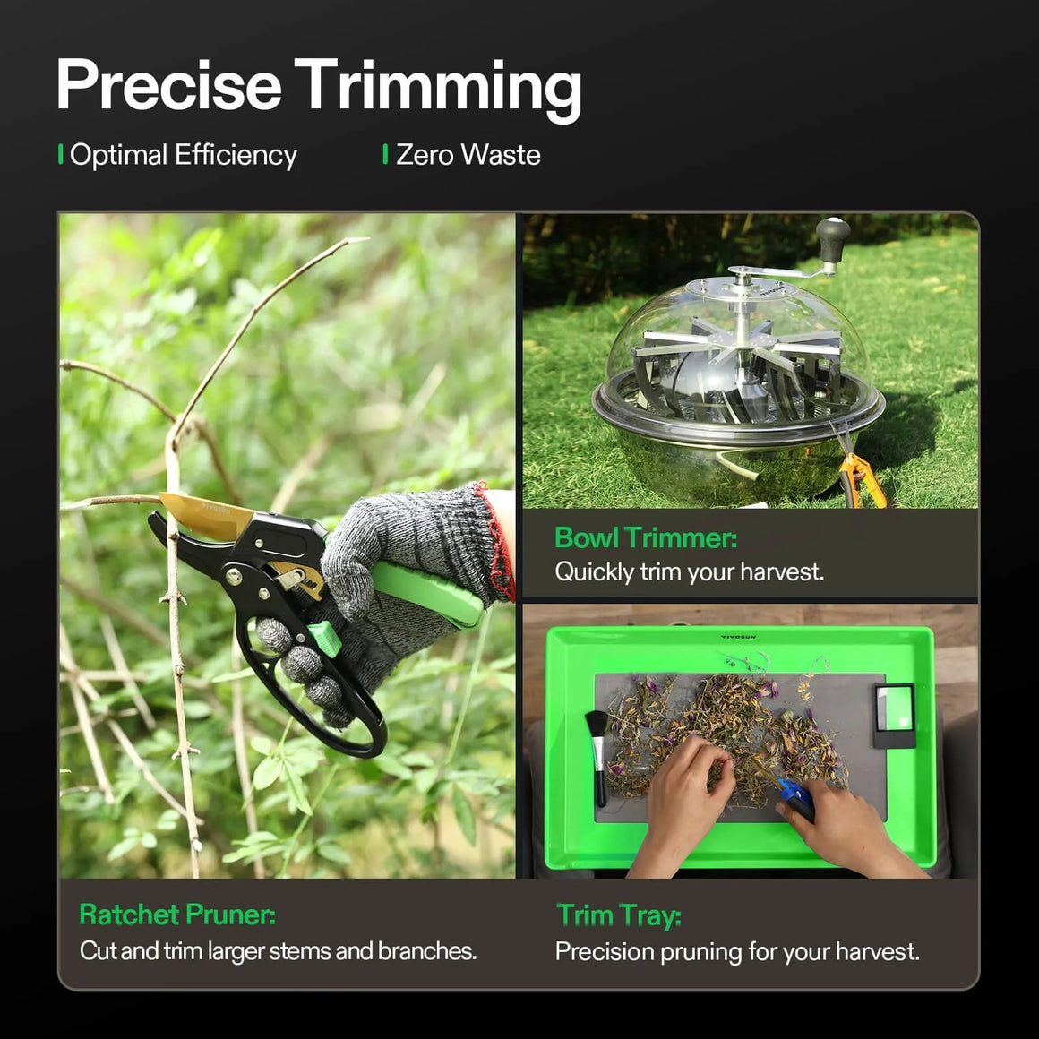 Vivosun harvest kit: ratchet pruner, bowl trimmer, and trim tray for precision pruning.