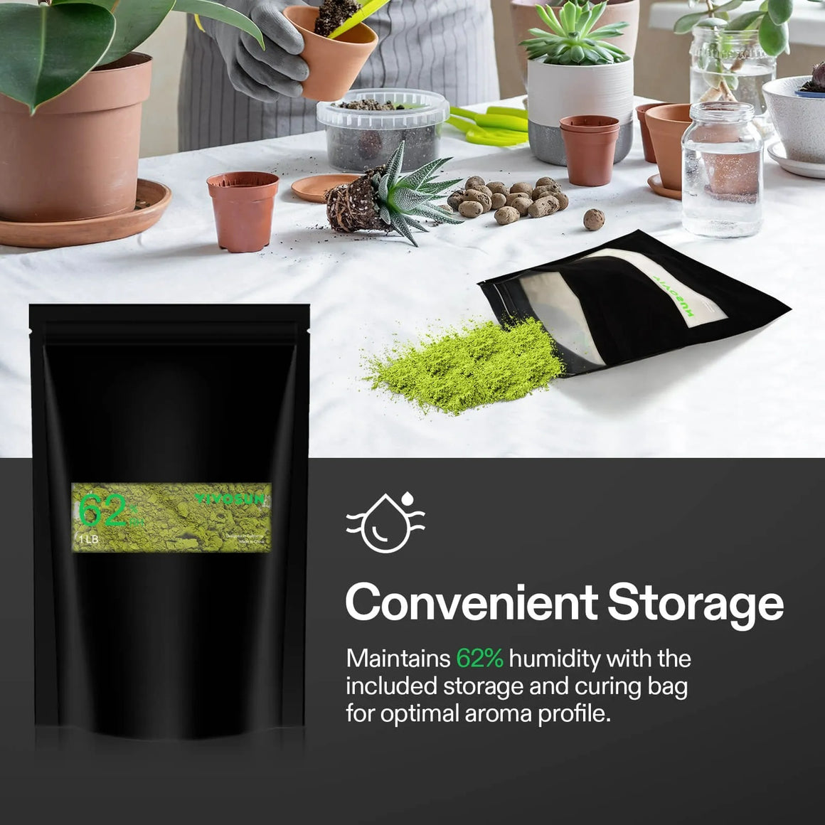 Vivosun Harvest Kit: Black pouch with green powder & text, "62% humidity".
