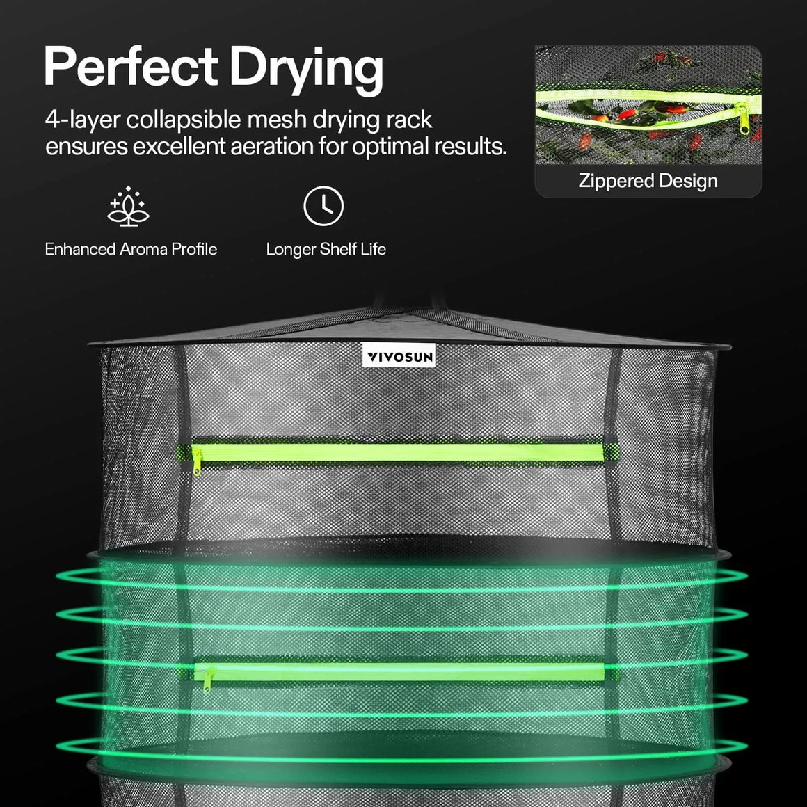 VIVOSUN 4-layer mesh drying rack with zippered design for enhanced aeration and longer shelf life.