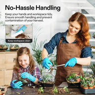 Woman and child in blue gloves planting succulents in geometric terrariums.
