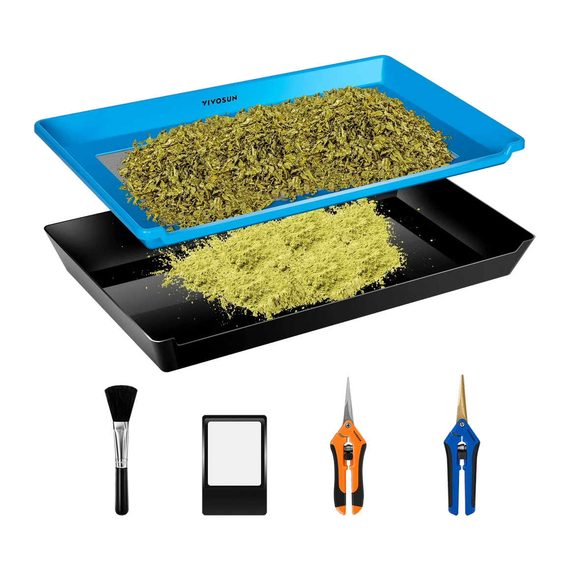 Vivosun herb trimming tray with dried herbs and powdery residue, plus a brush and two pairs of scissors.