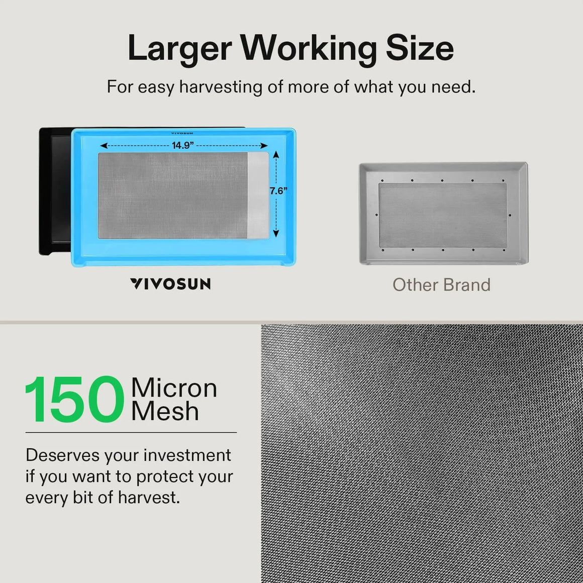 VIVOSUN herb trimming tray shown with dimensions 14.9" x 7.6". 150 micron mesh.
