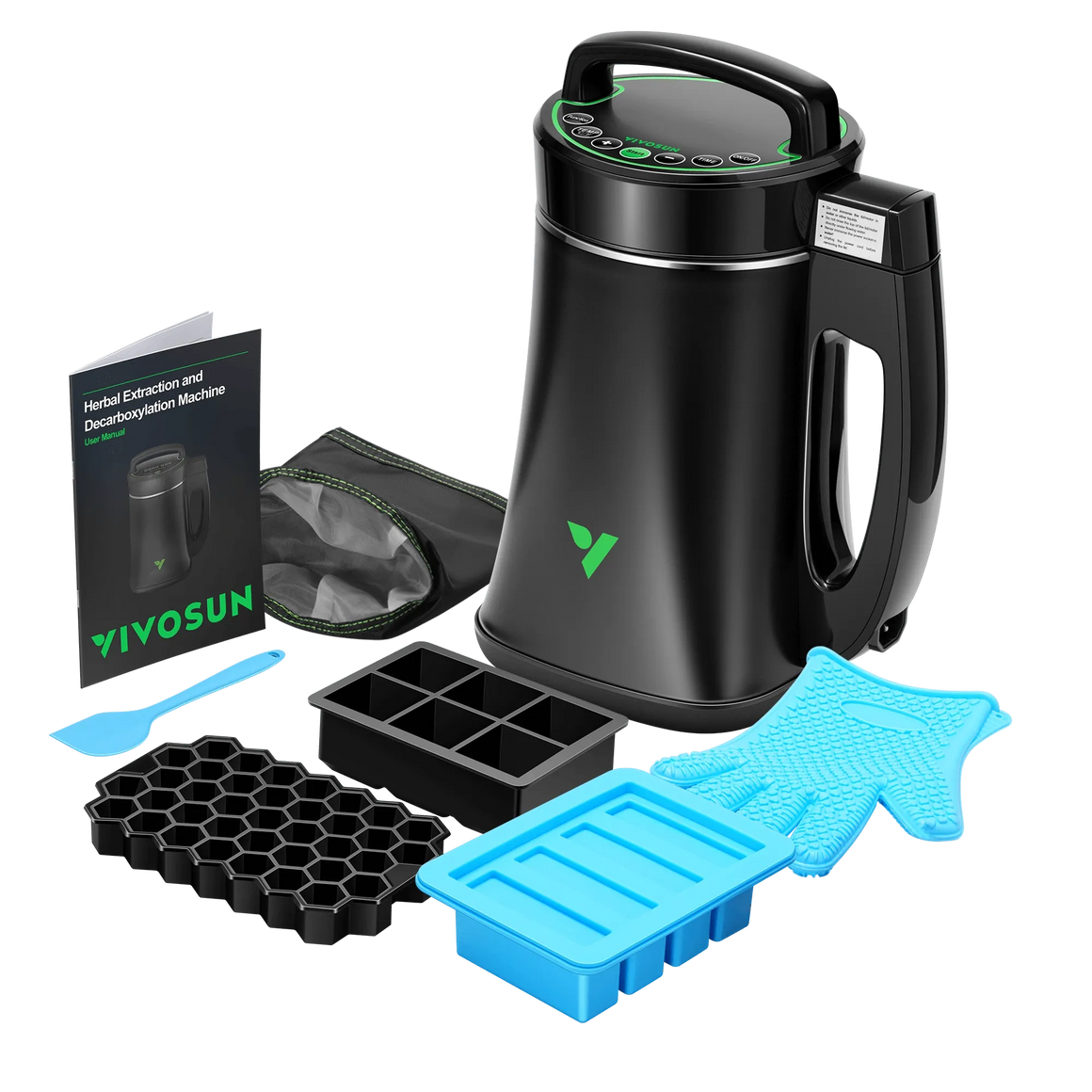 Vivosun herbal extraction and decarboxylation machine kit includes the machine, manual, mesh bag, ice cube trays, and glove.