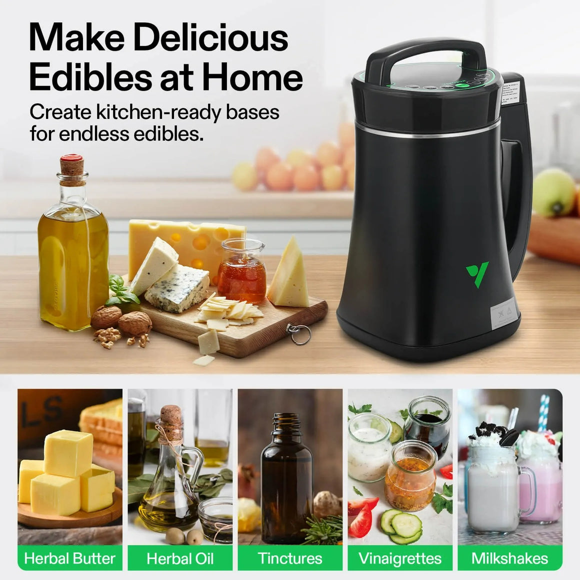 Black Vivosun machine with cheese and oil, showing herbal butter, oil, tinctures, vinaigrettes, and milkshakes.