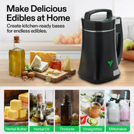 Black Vivosun machine with cheese and oil, showing herbal butter, oil, tinctures, vinaigrettes, and milkshakes.
