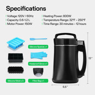 Black Vivosun herbal extractor with accessories: silicone spatula, heatproof gloves, molds, filter bag, and specifications (120V, 800W, 13
