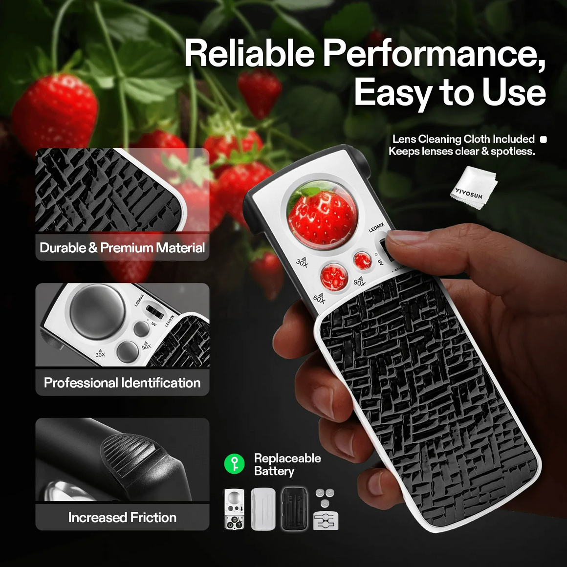 VIVOSUN jewelry loupe magnifier with strawberry, 30x, 60x, 90x lenses, LED, UV light, durable material, increased friction, replaceable battery.