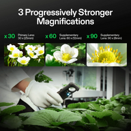 VIVOSUN loupe magnifier shows progressive magnifications of strawberries: x30, x60, x90.