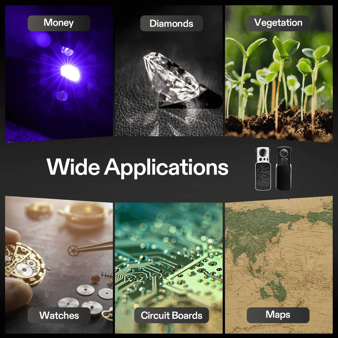 Vivosun jewelry loupe magnifier displays wide applications including money, diamonds, vegetation, watches, circuit boards, and maps.