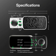Magnifying glass with labeled magnification and light features. Specifications show dimensions.