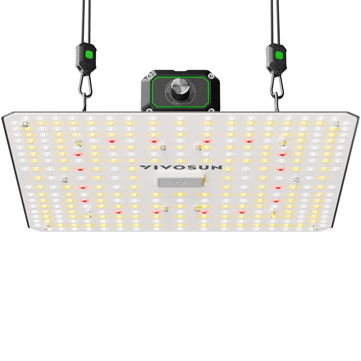 Vivosun LumaLight 100W Full Spectrum LED Grow Light, rectangular panel with white, yellow, red LEDs, dimming control.