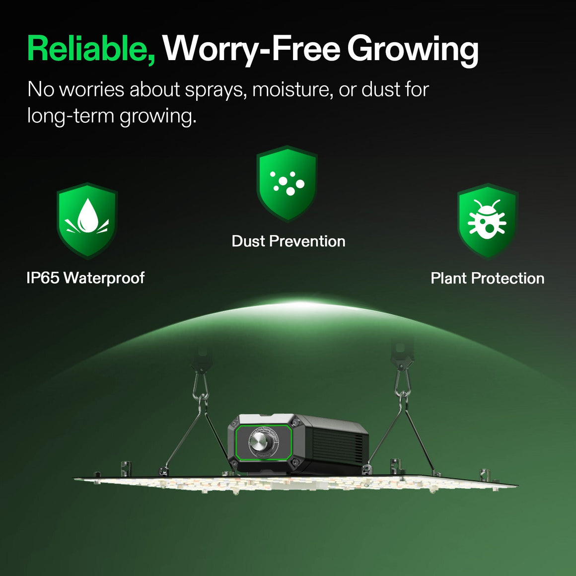 Vivosun LumaLight 100W LED grow light with icons for IP65 waterproof, dust prevention, and plant protection.