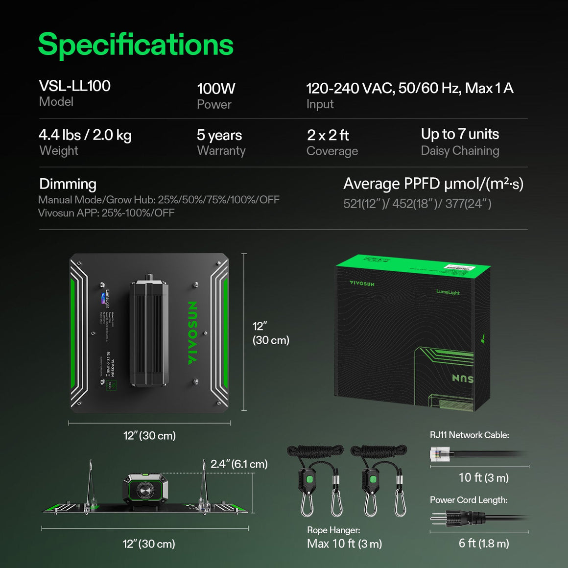 Vivosun LumaLight 100W LED grow light: specifications, product views (12x12x2.4"), green accents, hangers, cables.