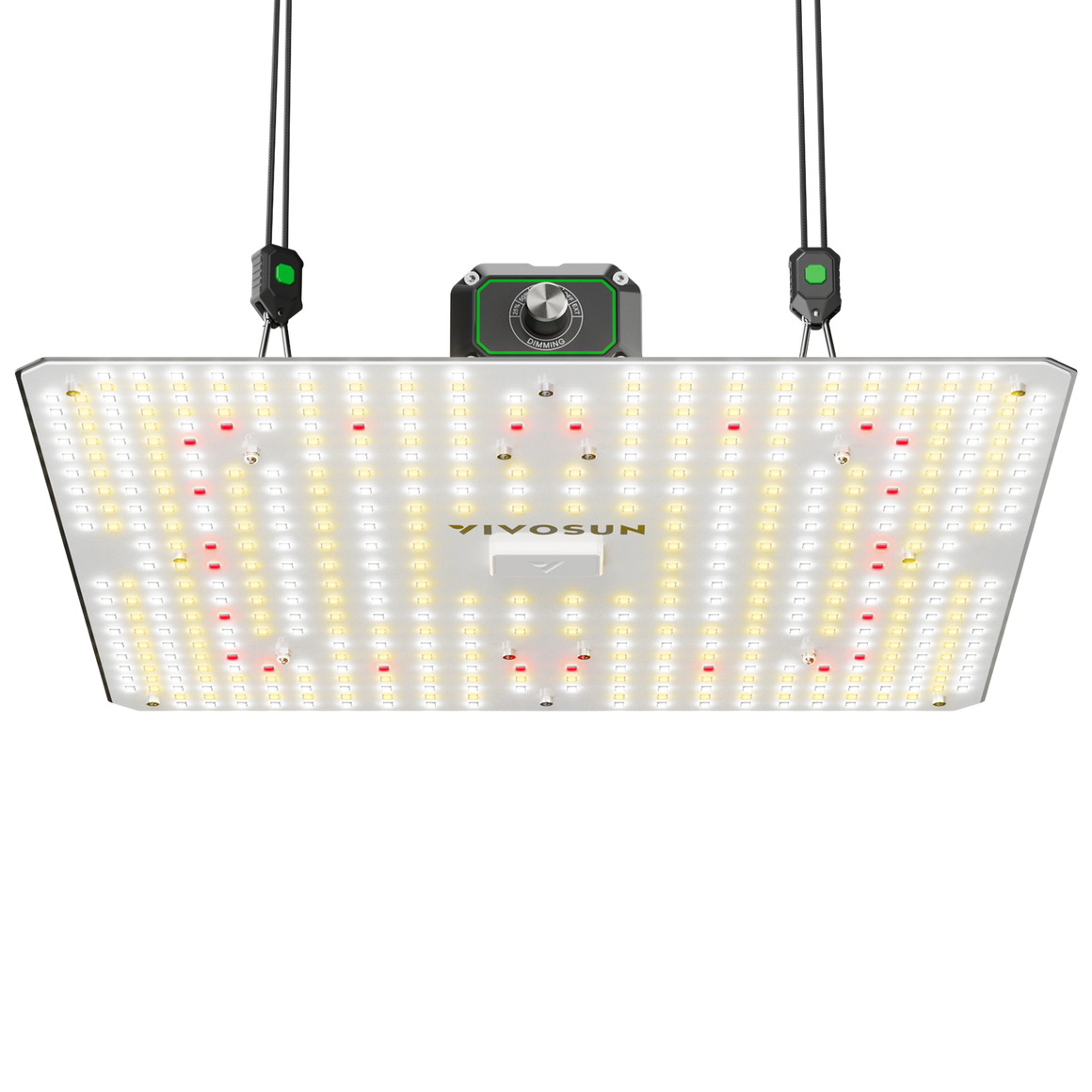 Vivosun LumaLight LED grow light: rectangular panel with white, yellow, red diodes, dimming knob, hanging system.