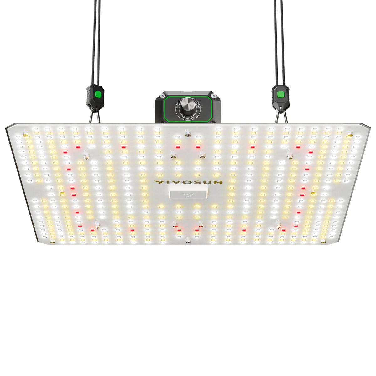 Vivosun LumaLight LED grow light: rectangular panel with white, yellow, red diodes, dimming knob, hanging system.