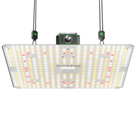 Vivosun LumaLight LED grow light: rectangular panel with white, yellow, red diodes, dimming knob, hanging system.