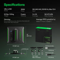 Vivosun LumaLight 150W LED grow light specs, dimensions, box, rope hangers, RJ11 cable, and power cord.