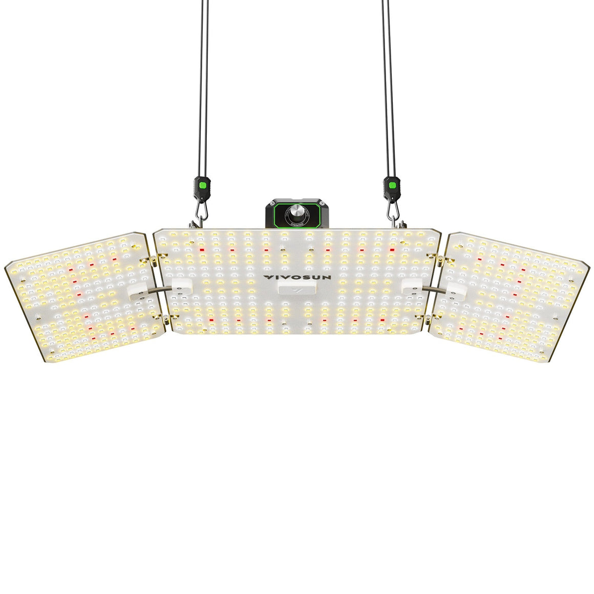 Vivosun LumaLight 200W Full Spectrum LED Grow Light, 3 angled panels, illuminated white & red LEDs, dimming control.