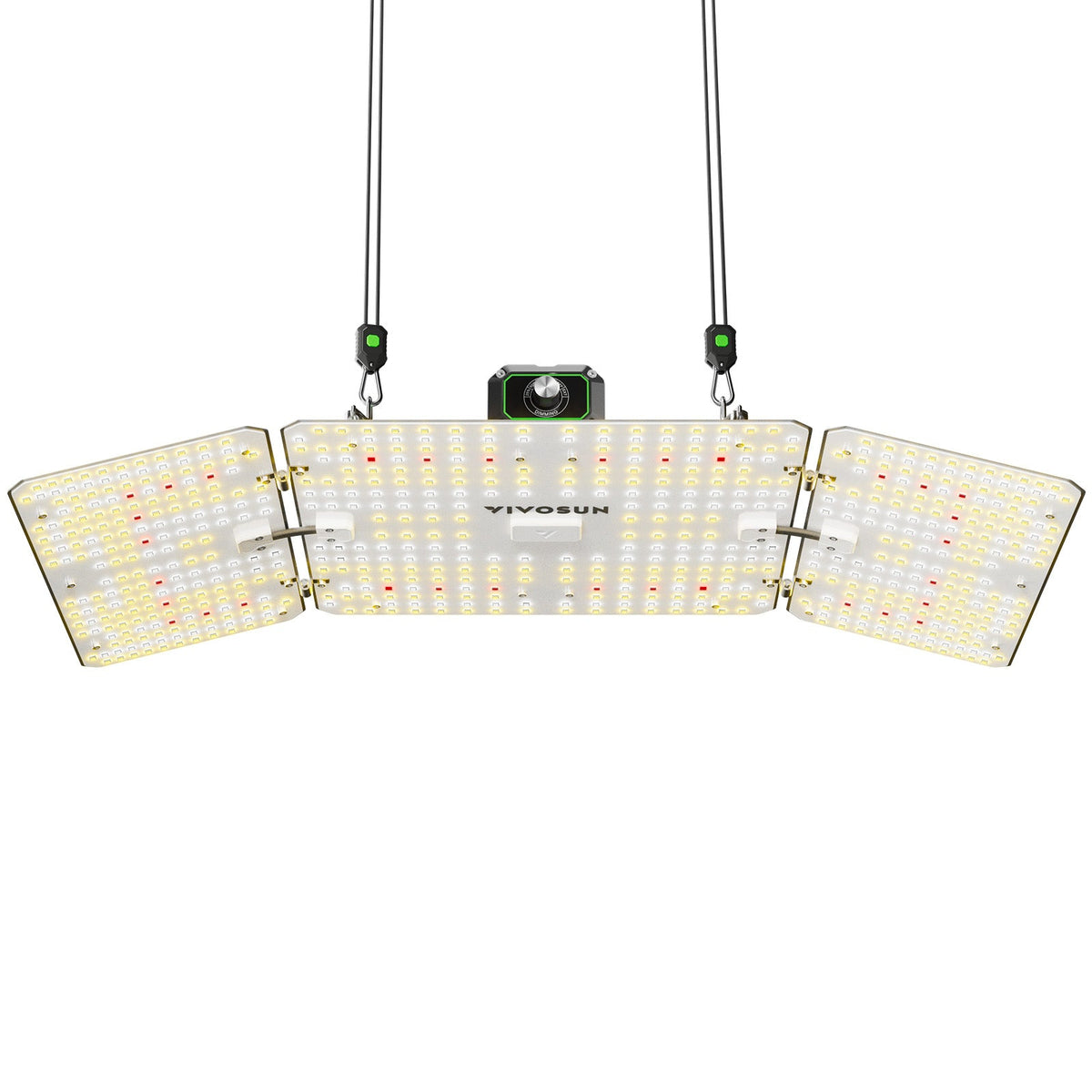Vivosun LumaLight 200W Full Spectrum LED Grow Light, 3 angled panels, illuminated white & red LEDs, dimming control.