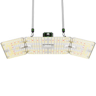 Vivosun LumaLight 200W Full Spectrum LED Grow Light, 3 angled panels, illuminated white & red LEDs, dimming control.