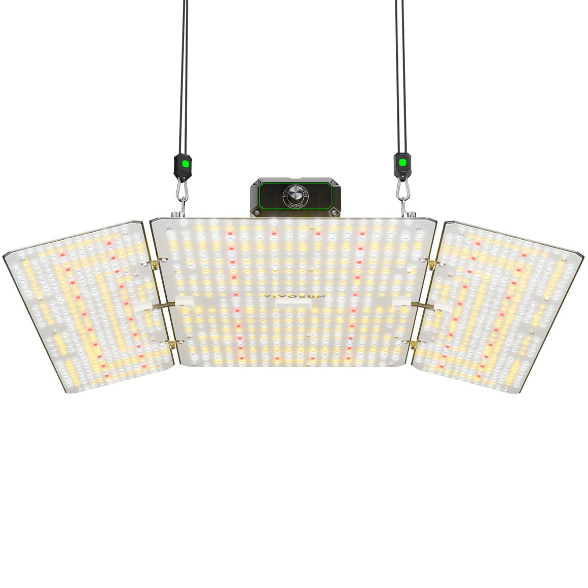 Vivosun 400W Full Spectrum LED Grow Light with 3 adjustable panels, white, yellow & red LEDs, and dimming control.