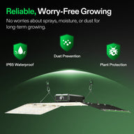 LED grow light with features for reliable, worry-free growing: IP65 waterproof, dust prevention, and plant protection.