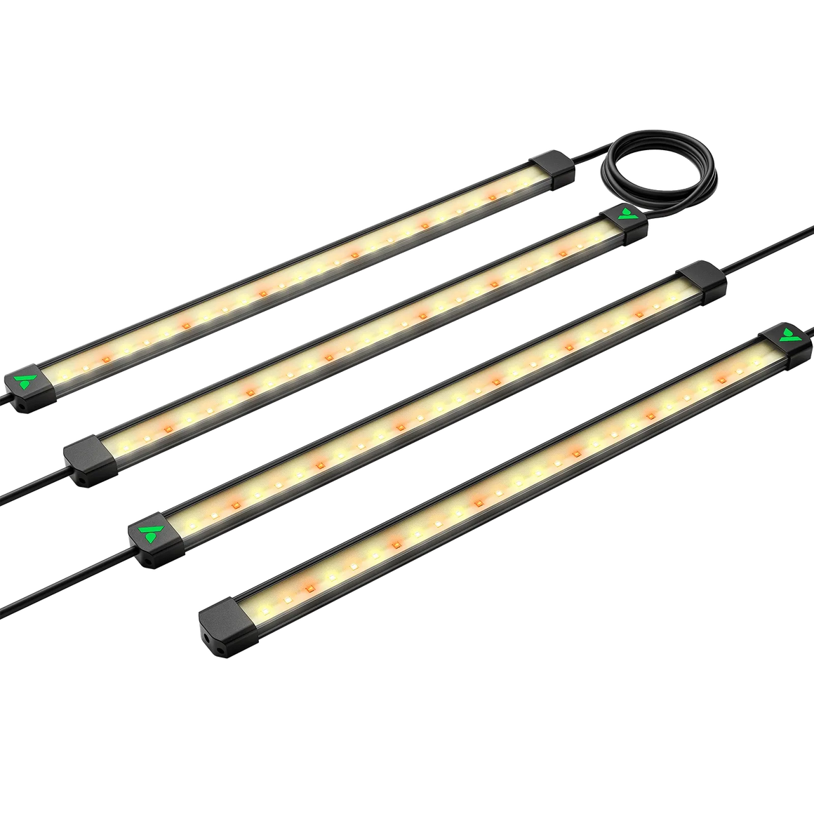 Four Vivosun LumaRay LED grow light bars for indoor plants, with white and amber LEDs in dark housing, connected.