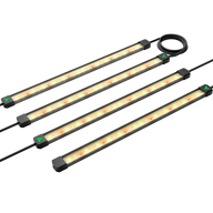 Four Vivosun LumaRay LED grow light bars for indoor plants, with white and amber LEDs in dark housing, connected.