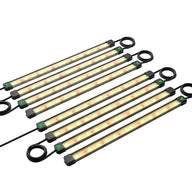 Eight Vivosun LumaRay LED grow light bars featuring full spectrum white and red LEDs, black caps with green leaf logos, for indoor gardening.