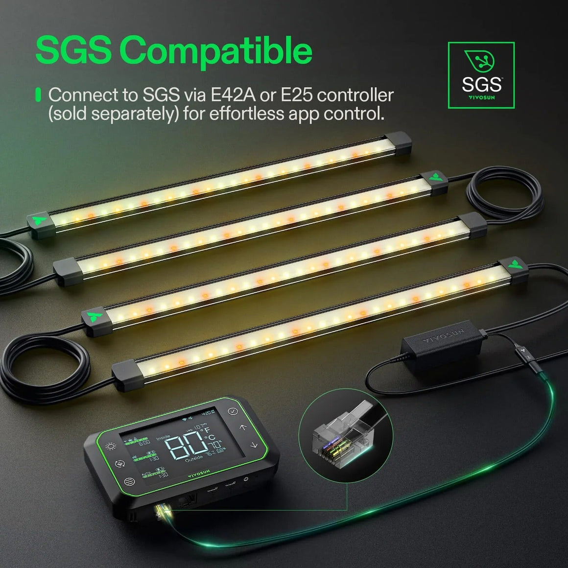 Vivosun SGS Compatible LED grow lights: four light bars glowing warm white, connected to a digital controller and green cable.