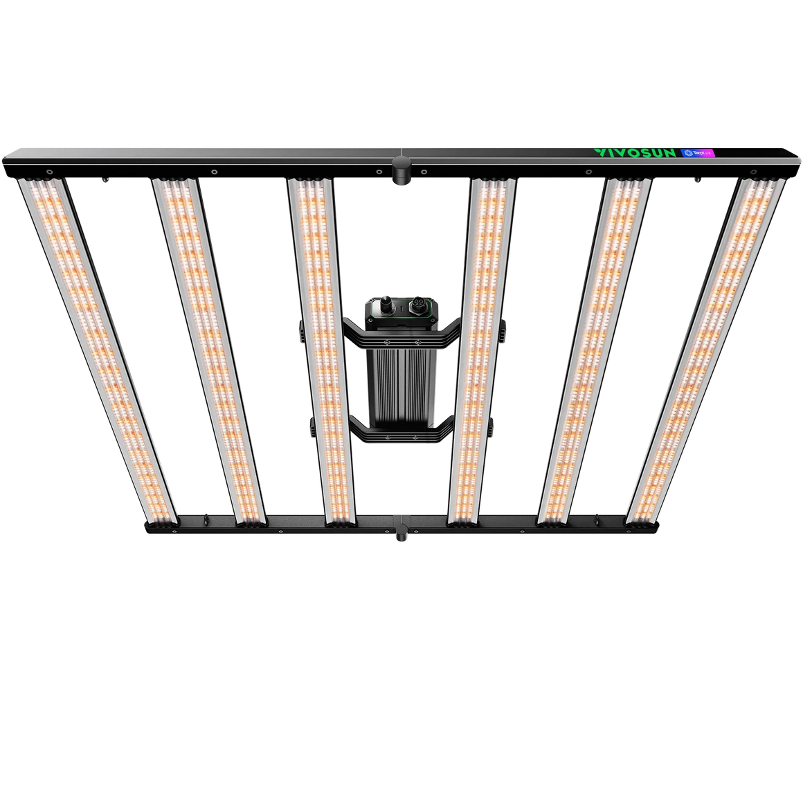 VIVOSUN Lumalight 500W LED grow light with six illuminated bars and central ballast.