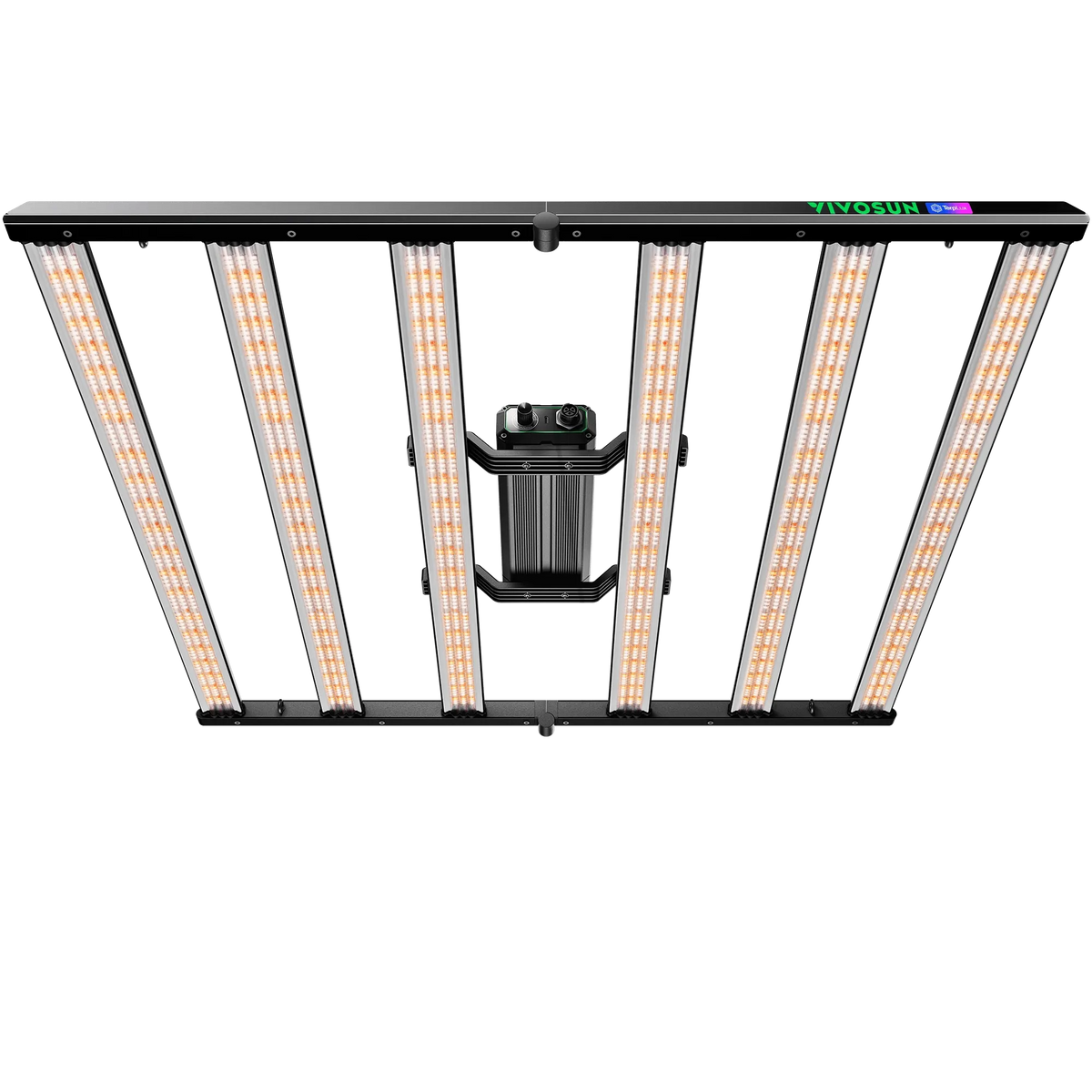 VIVOSUN Lumalight 500W LED grow light with six illuminated bars and central ballast.