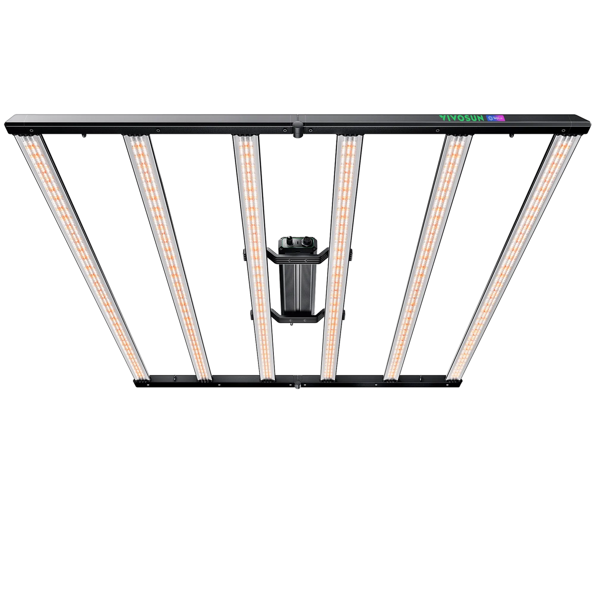 VIVOSUN Lumalight 750W LED grow light with six orange-glowing bars and a black central driver box.