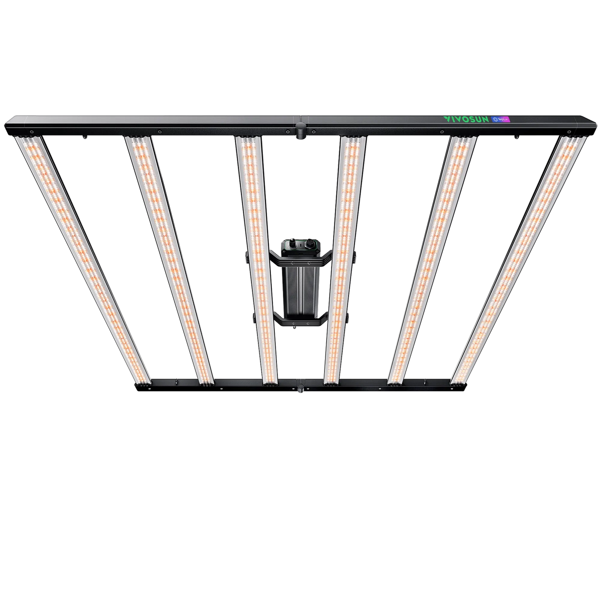 VIVOSUN Lumalight 750W LED grow light with six orange-glowing bars and a black central driver box.