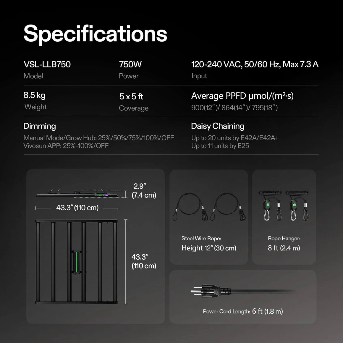 Vivosun Lumalight 750W LED grow light specs: 43.3" (110cm) dimensions, dimming, daisy chaining, rope hanger, power cord.