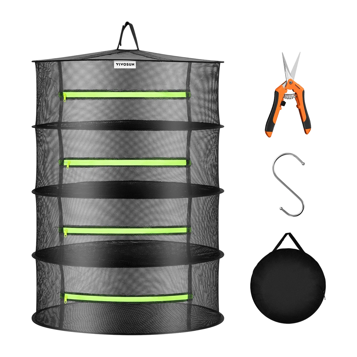 VIVOSUN mesh drying rack with 4 shelves, shears, S-hook, and carrying case.